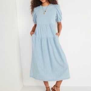Tiered Chambray Puff-Sleeve All-Day Midi Swing Dress
